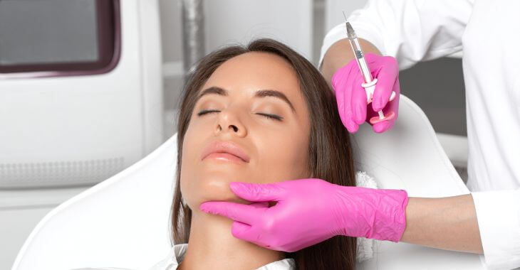 A woman receiving injections for noce and bunny lines correction.