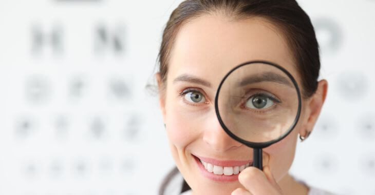 Smiling woman looking through a magnifying glass.