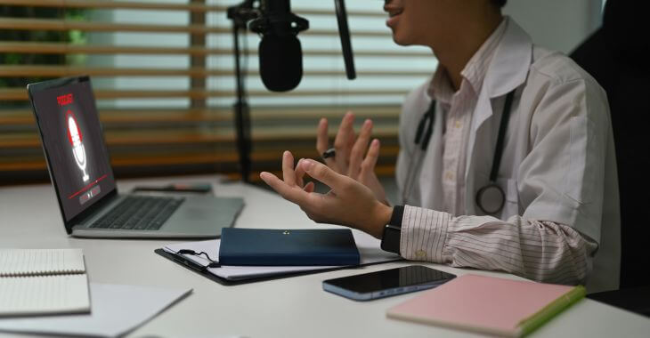 A doctor recording a podcast.