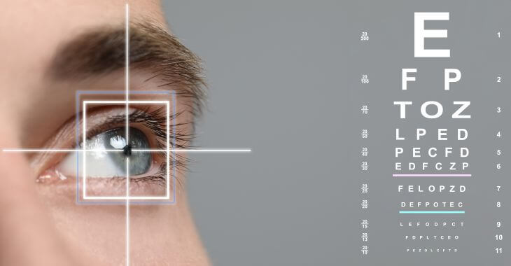 Man's eye looking at a vision testing chart