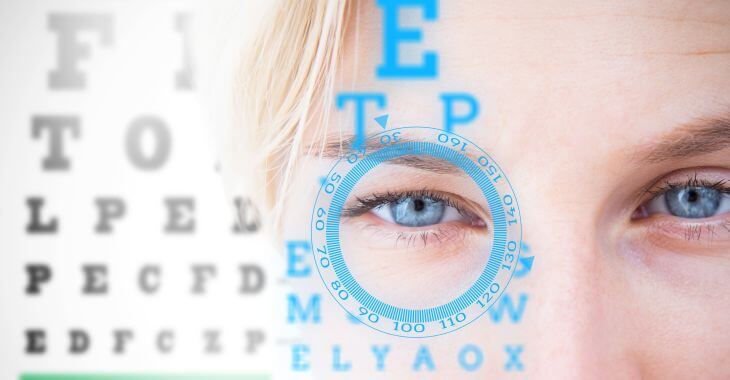 Woman's eye during eye vision test for contact lenses.