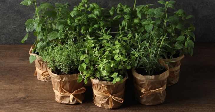 Pots with green herbs