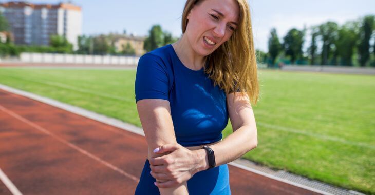 A sportswoman grabbing her painful elbow. 