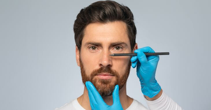 A surgeon making pre-operative marking on man's nose before rhinoplasty septoplasty surgery.