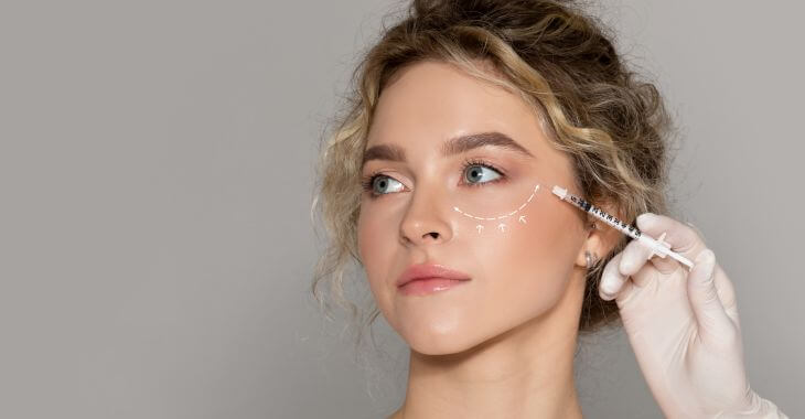 A beauty specialist holding a syringe with inder-eye filler drawing a line showing the treatment area under woman's eye