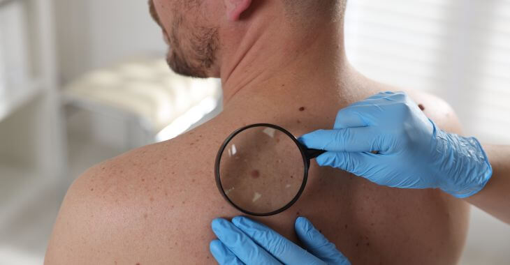 A dermatoligist with magnifying glass examining skin moles on man's back