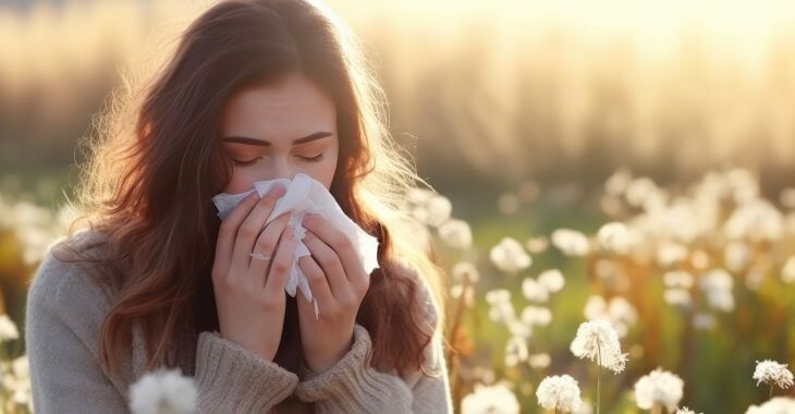 Young woman in a park blowing her nose due to post-nasla drip cause by allergy