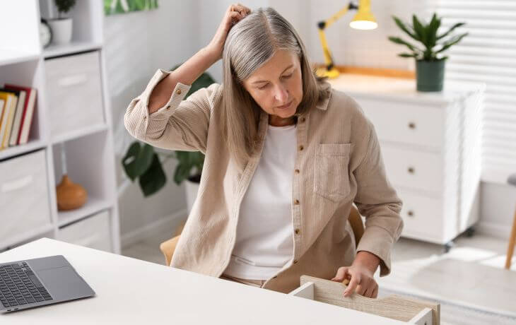 A confused middle-aged woman sitting at a desk and looking at the open drawer and scratching her head with her hand