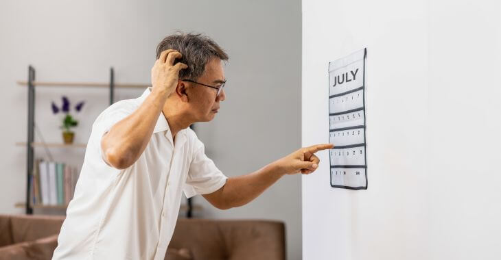 A confused elderly Asian man looking at the wall calendar and scratching his head