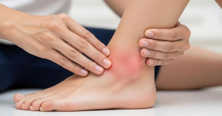 a doctor examining patient's leg with red circle on skin around ankle
